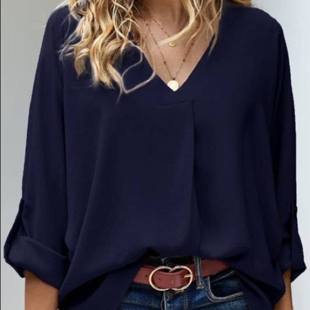 Navy Stylish V-Neck Long Sleeve Top